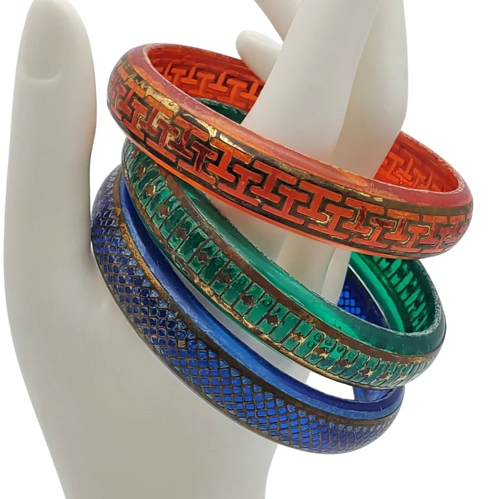 Vintage Acrylic Bangle Bracelet Set Blue Green Orange Gold Tone Geometric Boho